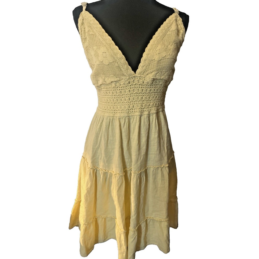 Altar'd State Yellow Tiered Boho Dress XL Crochet Lace Open Back Tie Sundress - Picture 2 of 6